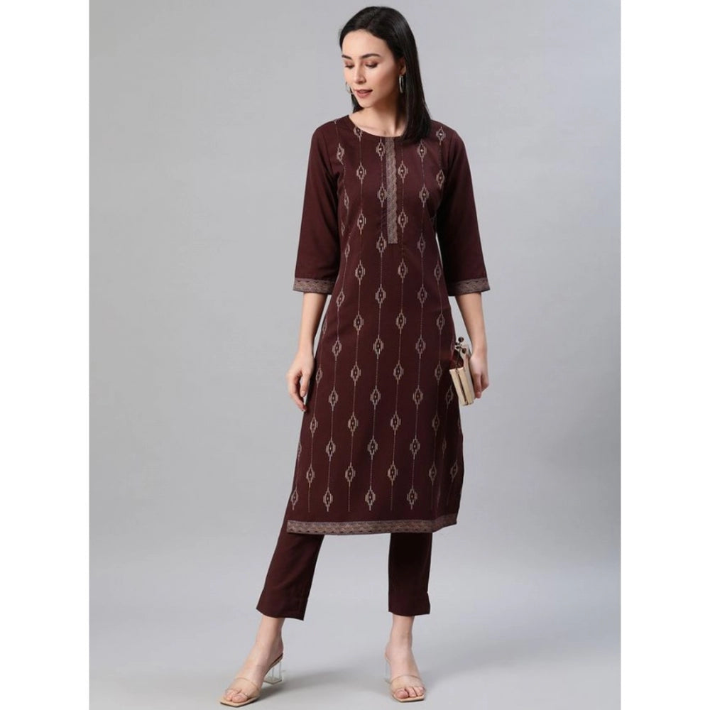 Casual 3-4Th Sleeve Ethnic Motifs Rayon Kurti And Pant Set (Brown)