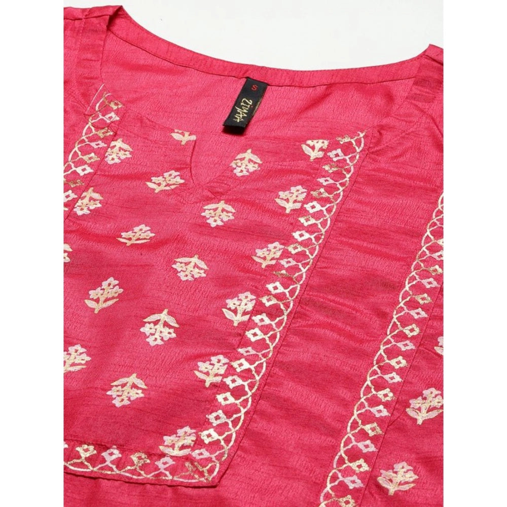 Casual 3-4Th Sleeve Floral Printed Poly Silk Kurti And Pant Set (Pink)