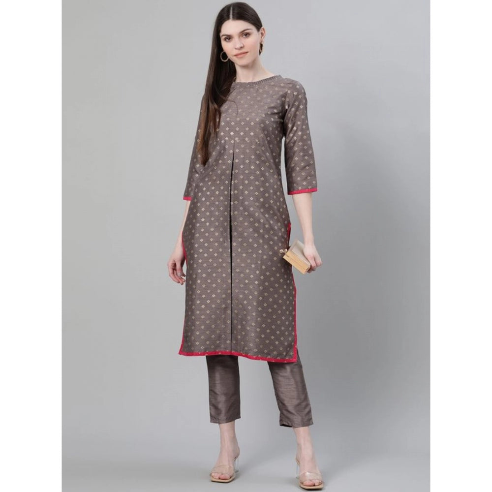 Casual 3-4Th Sleeve Ethnic Motifs Poly Silk Kurti And Pant Set (Grey)