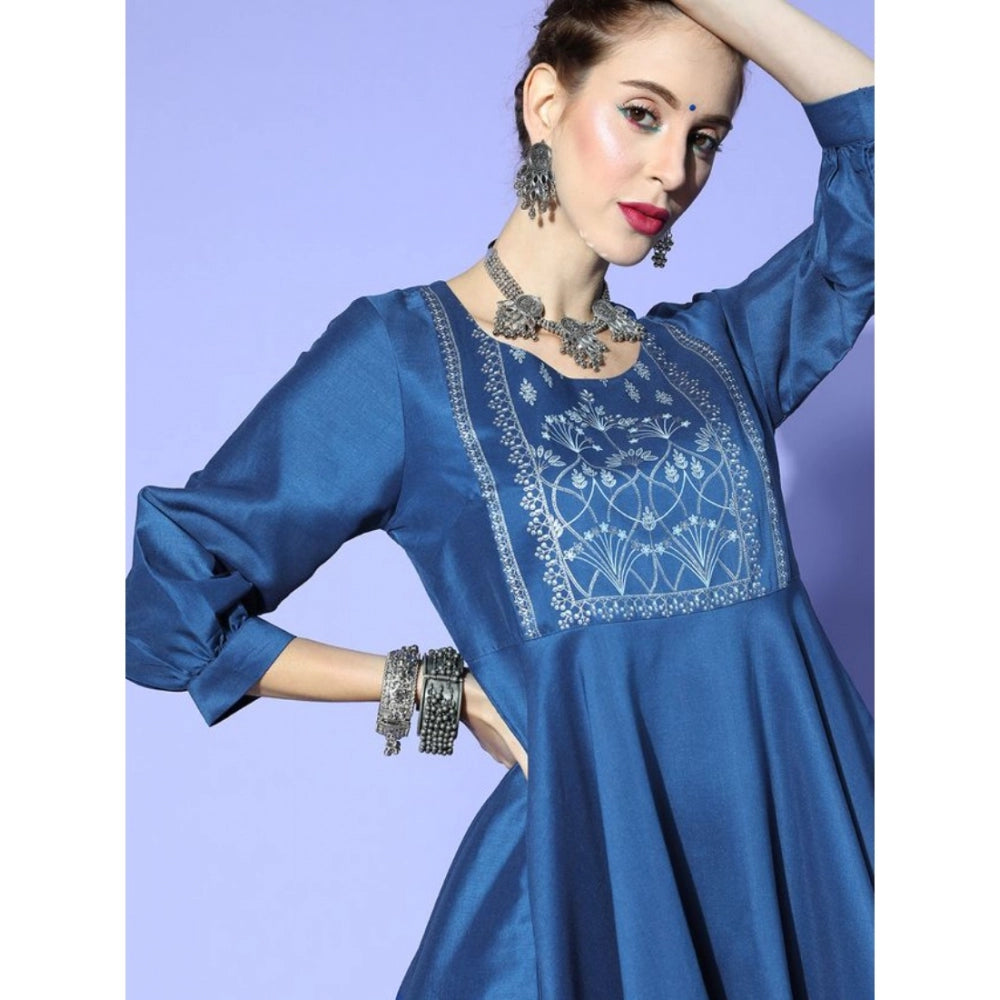 Casual 3-4Th Sleeve Floral Printed Chinon Kurti And Palazzo Set (Blue)