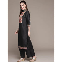 Casual 3-4Th Sleeve Floral Printed Poly Silk Kurti and Palazzo Set (Black)