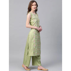 Casual Sleeveless Floral Printed Poly Silk Kurti and Palazzo Set (Green)