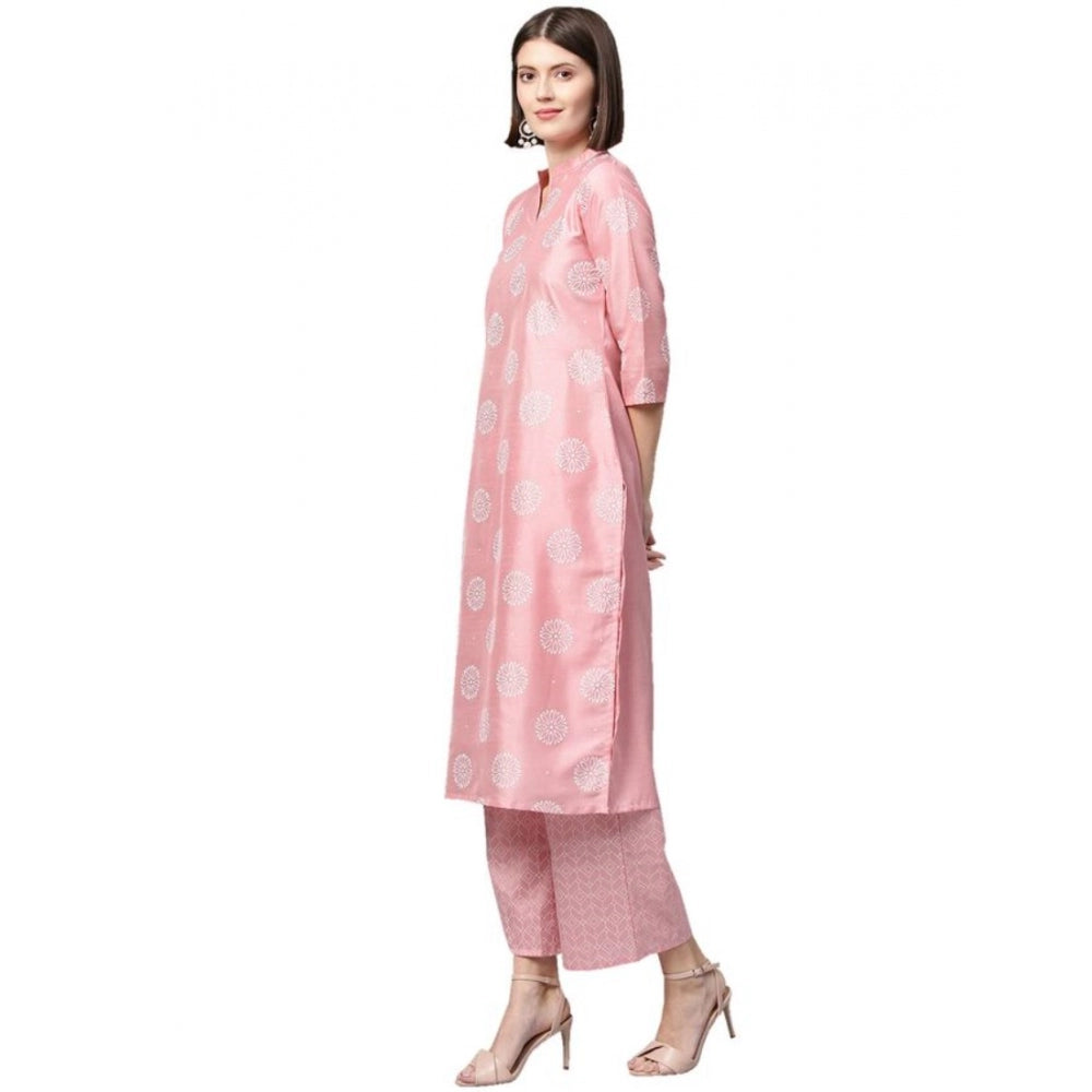 Casual 3-4Th Sleeve Floral Printed Poly Silk Kurti And Palazzo Set (Pink)