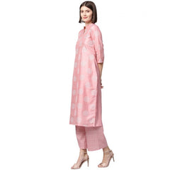 Casual 3-4Th Sleeve Floral Printed Poly Silk Kurti And Palazzo Set (Pink)