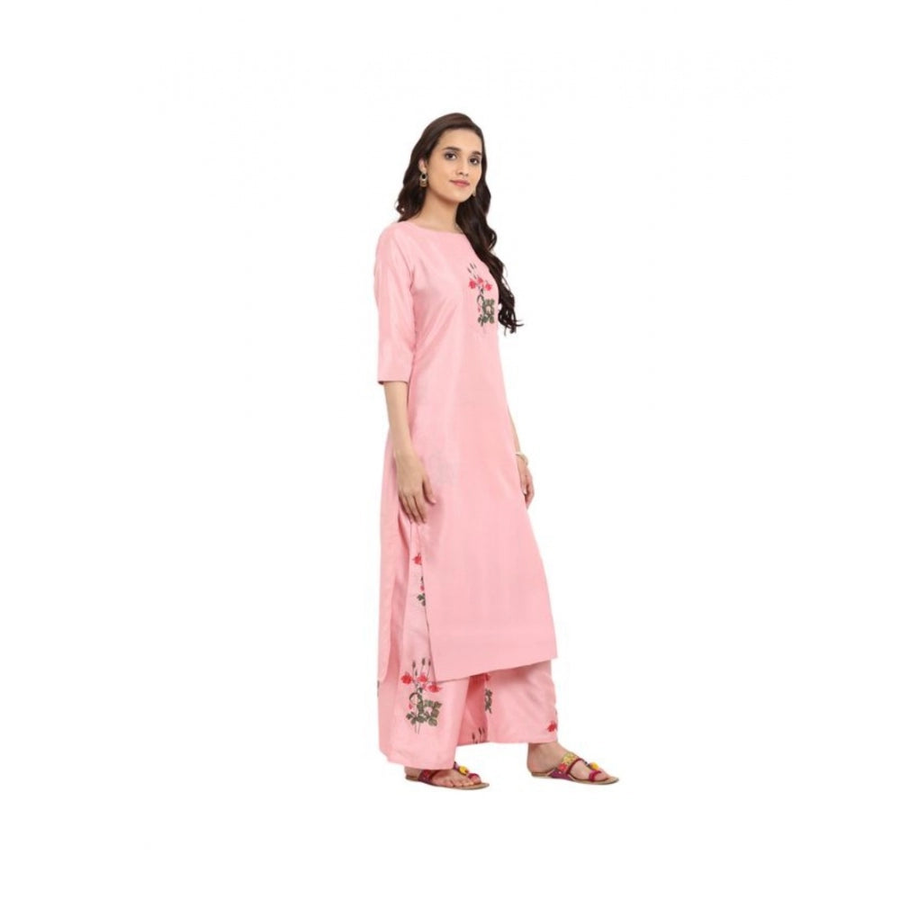 Casual 3-4Th Sleeve Floral Printed Poly Silk Kurti and Palazzo Set (Pink)