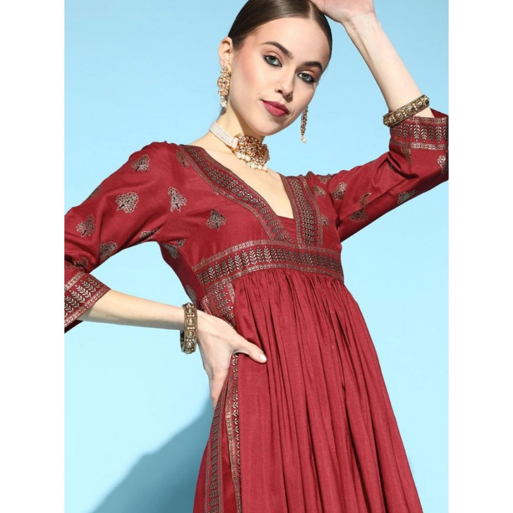 Casual 3-4Th Sleeve Floral Printed Chinon Kurti And Pant Set (Maroon)