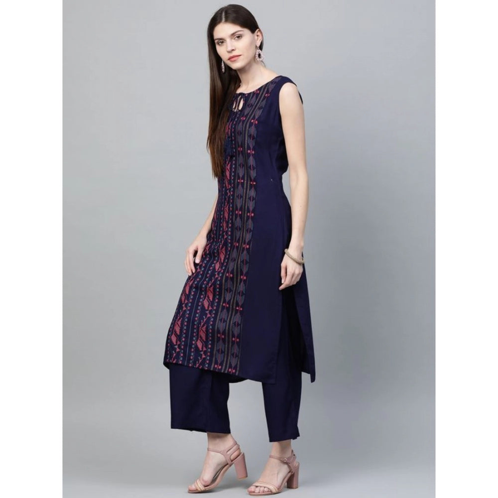 Casual Sleeveless Ikkat Rayon Kurti and Palazzo Set (Navy Blue)