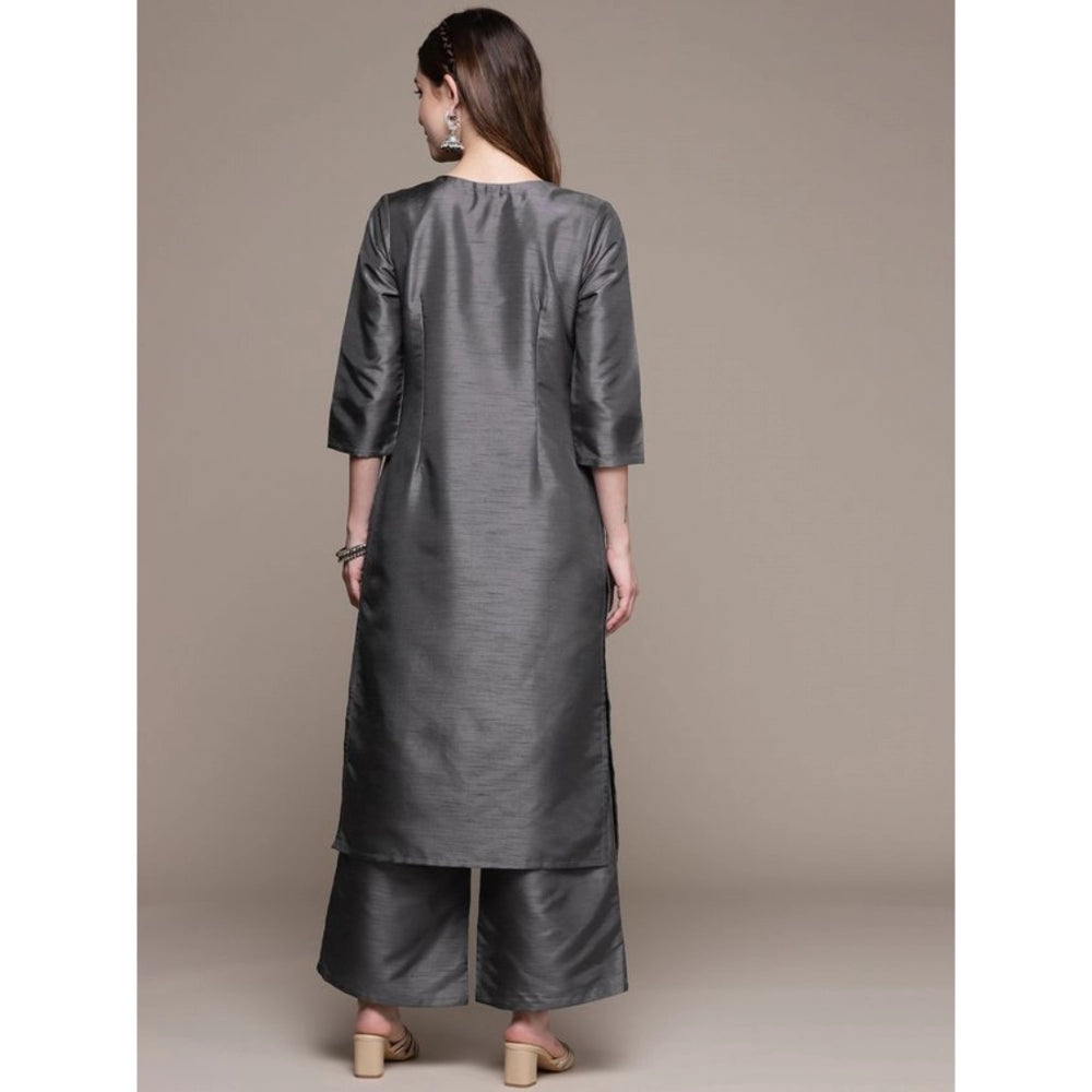 Casual 3-4Th Sleeve Ethnic Motifs Poly Silk Kurti And Palazzo Set (Dark Grey)