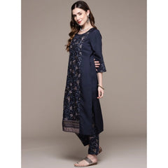 Casual 3-4Th Sleeve Floral Printed Crepe Kurti and Pant Set (Navy Blue)