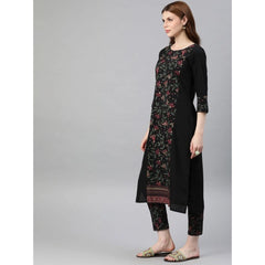 Casual 3-4Th Sleeve Floral Printed Crepe Kurti and Pant Set (Black)