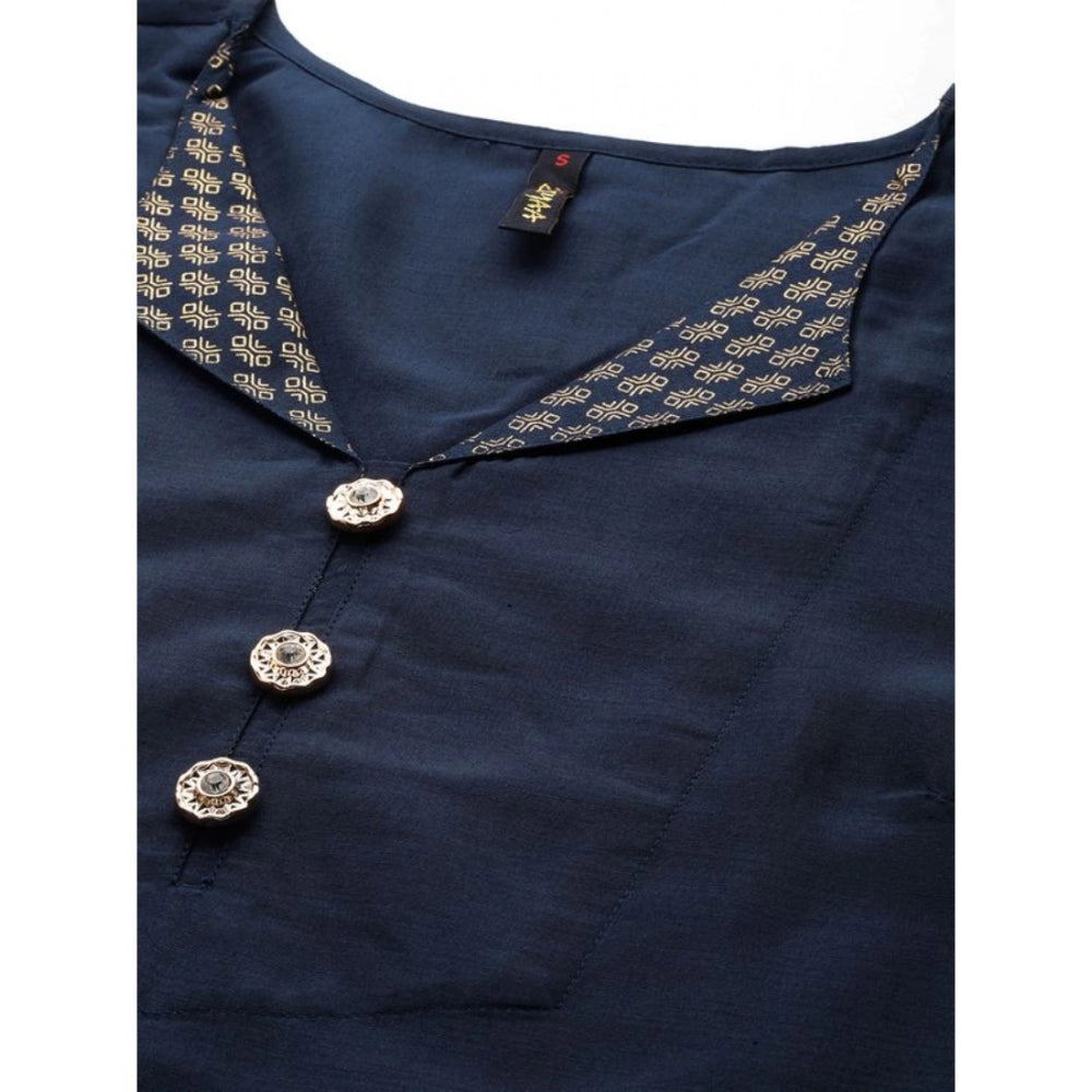 Casual Half Sleeve Solid Chinon Kurti and Pant Set (Navy Blue)