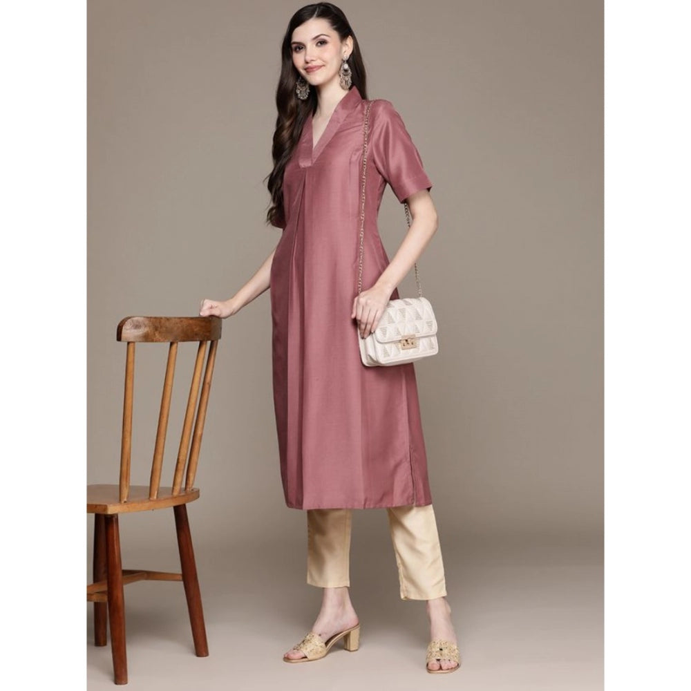 Casual Half Sleeve Solid Chinon Kurti And Pant Set (Brown)