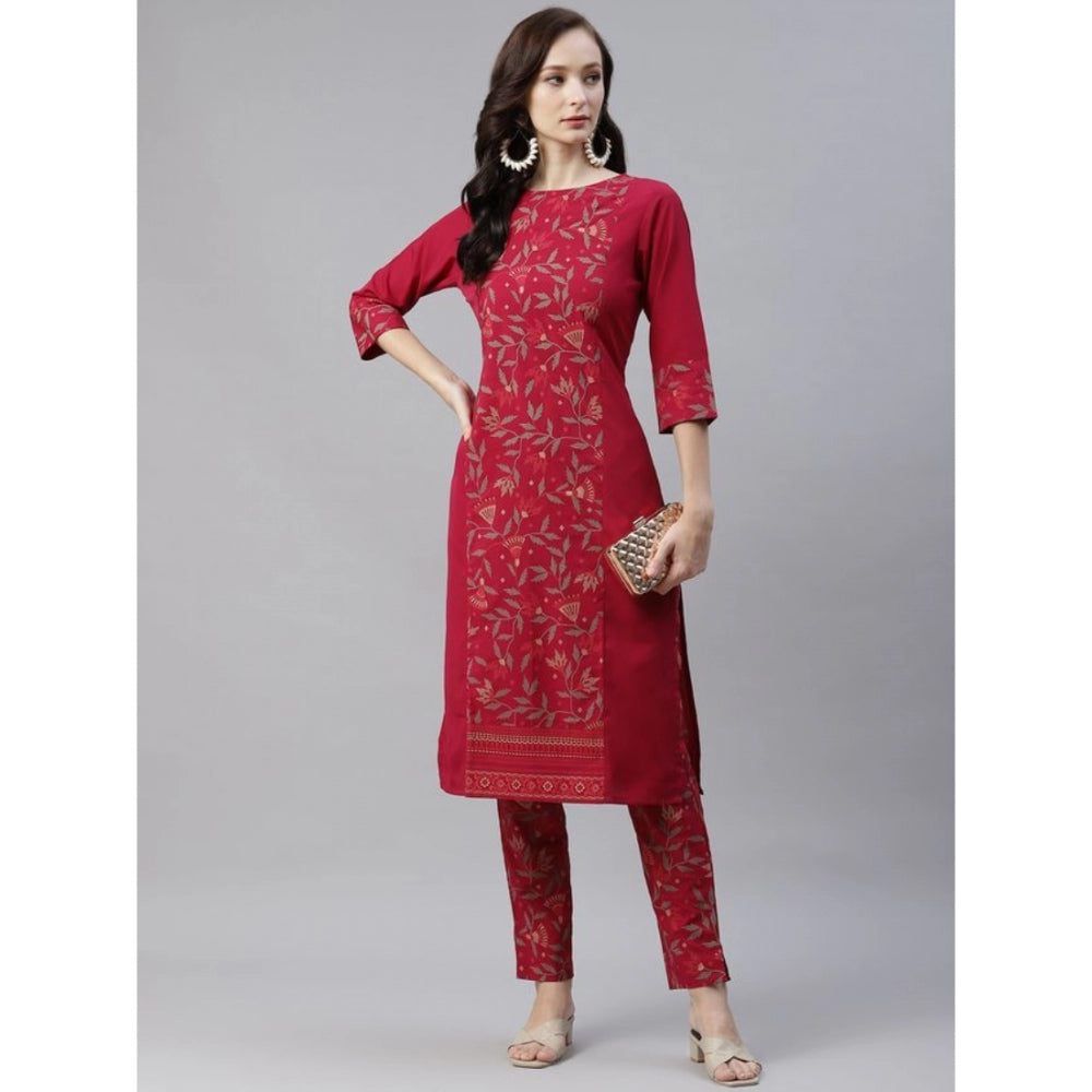 Casual 3-4Th Sleeve Floral Printed Crepe Kurti And Pant Set (Maroon)