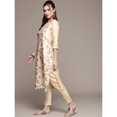 Casual 3-4Th Sleeve Floral Printed Poly Silk Kurti and Pant Set (Cream)