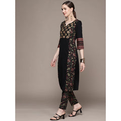 Casual 3-4Th Sleeve Ethnic Motifs Crepe Kurti And Pant Set (Black)