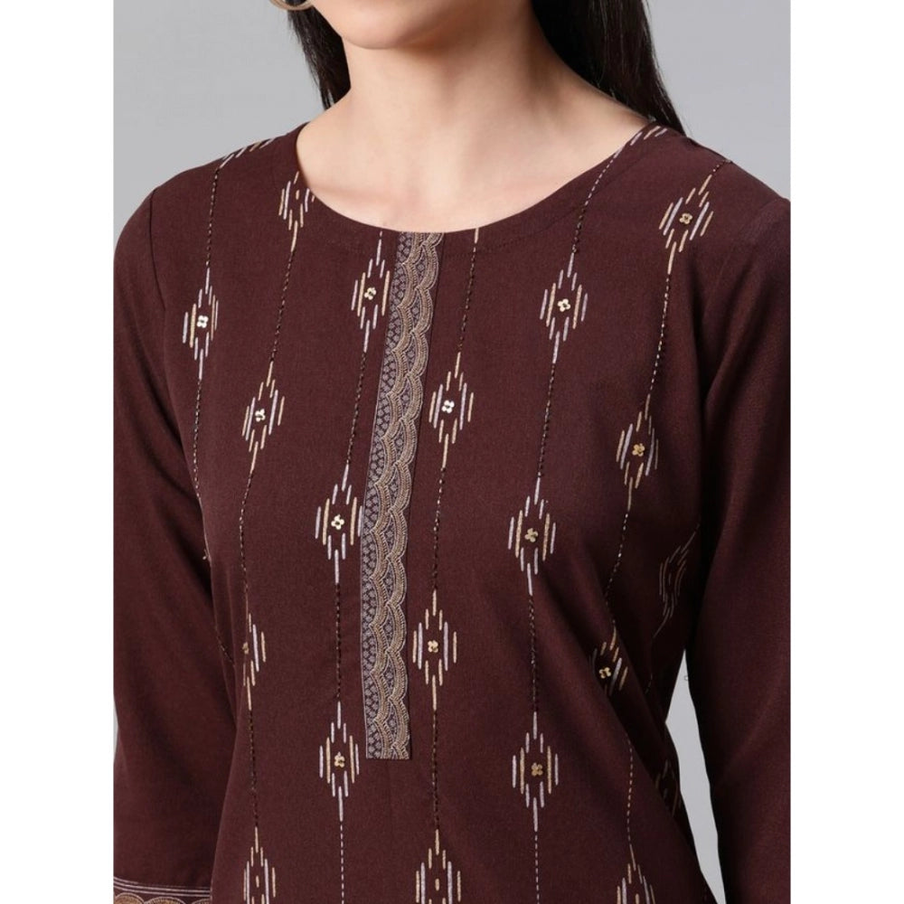 Casual 3-4Th Sleeve Ethnic Motifs Rayon Kurti And Pant Set (Brown)