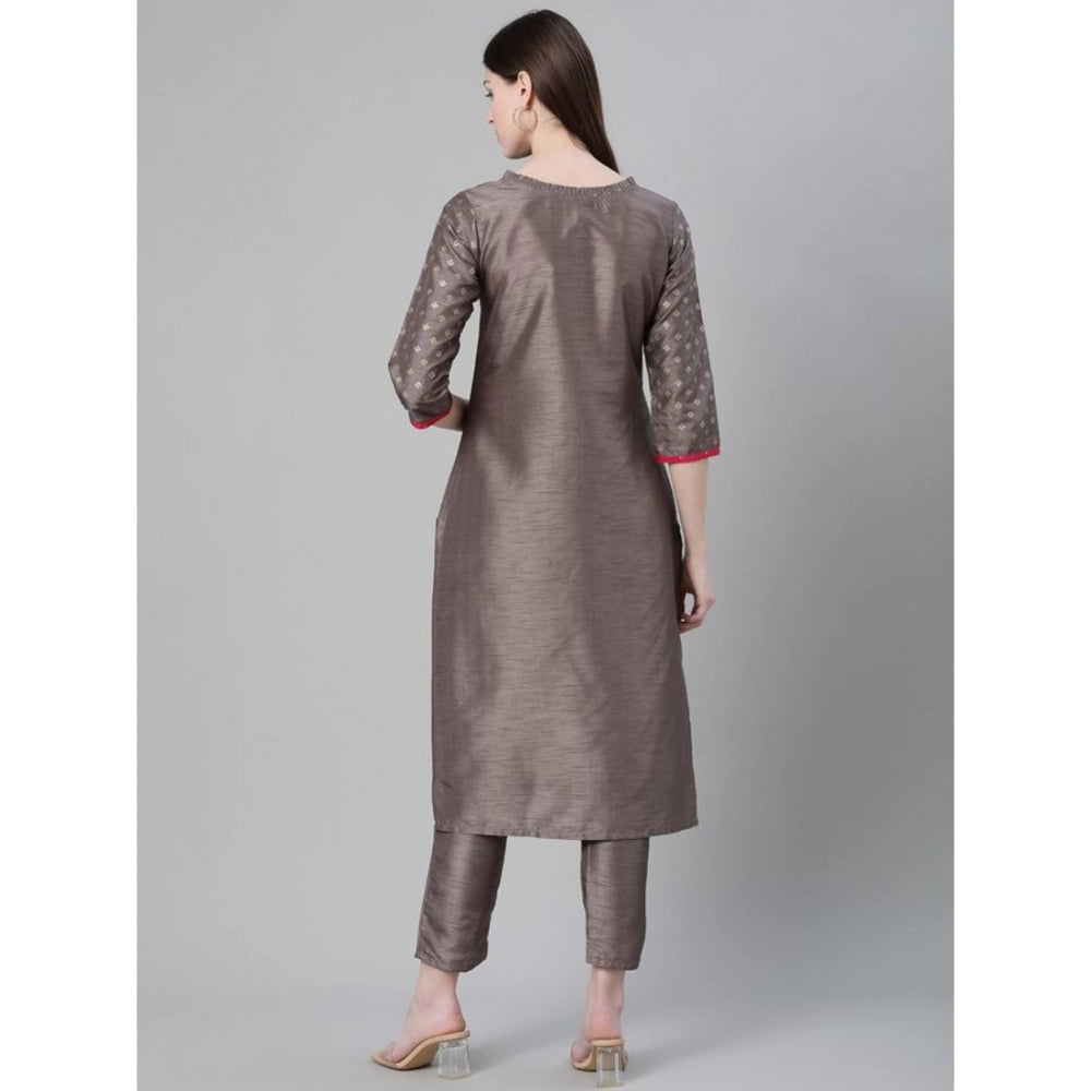 Casual 3-4Th Sleeve Ethnic Motifs Poly Silk Kurti And Pant Set (Grey)