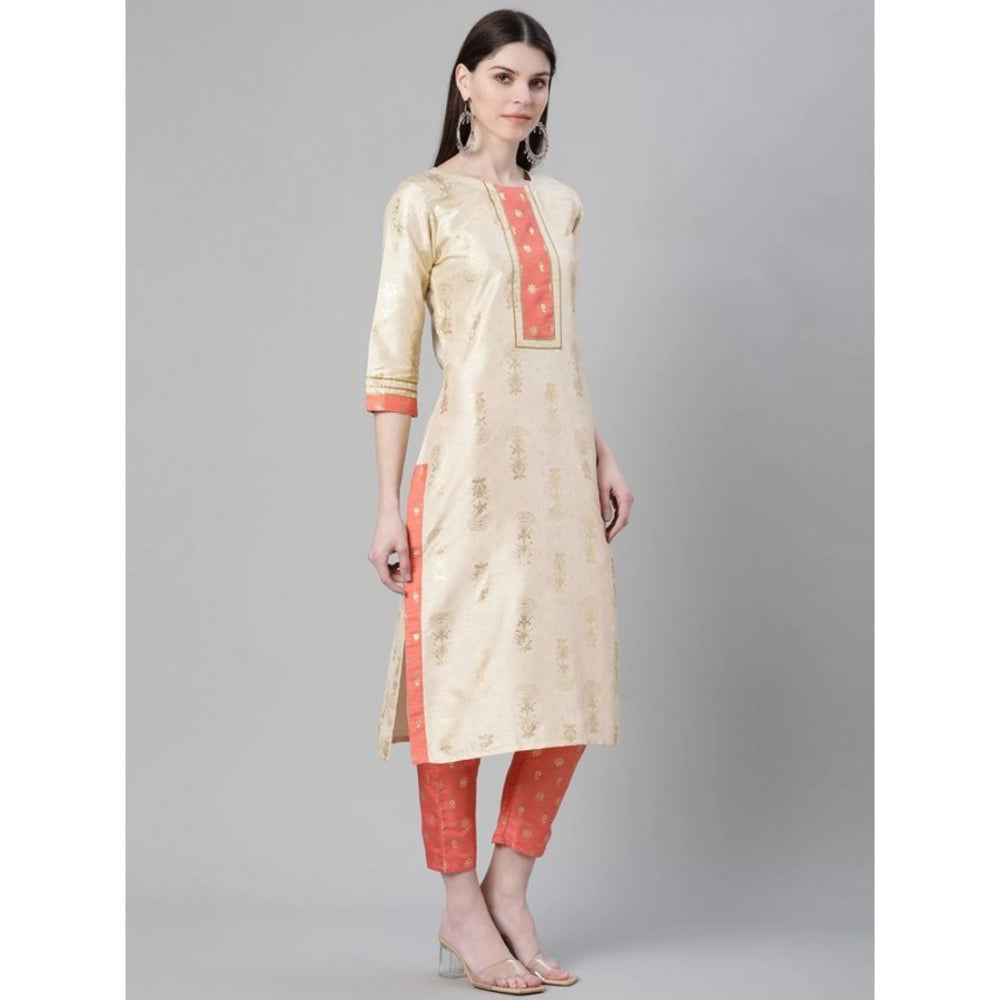 Casual 3-4Th Sleeve Floral Printed Poly Silk Kurti And Pant Set (Cream)