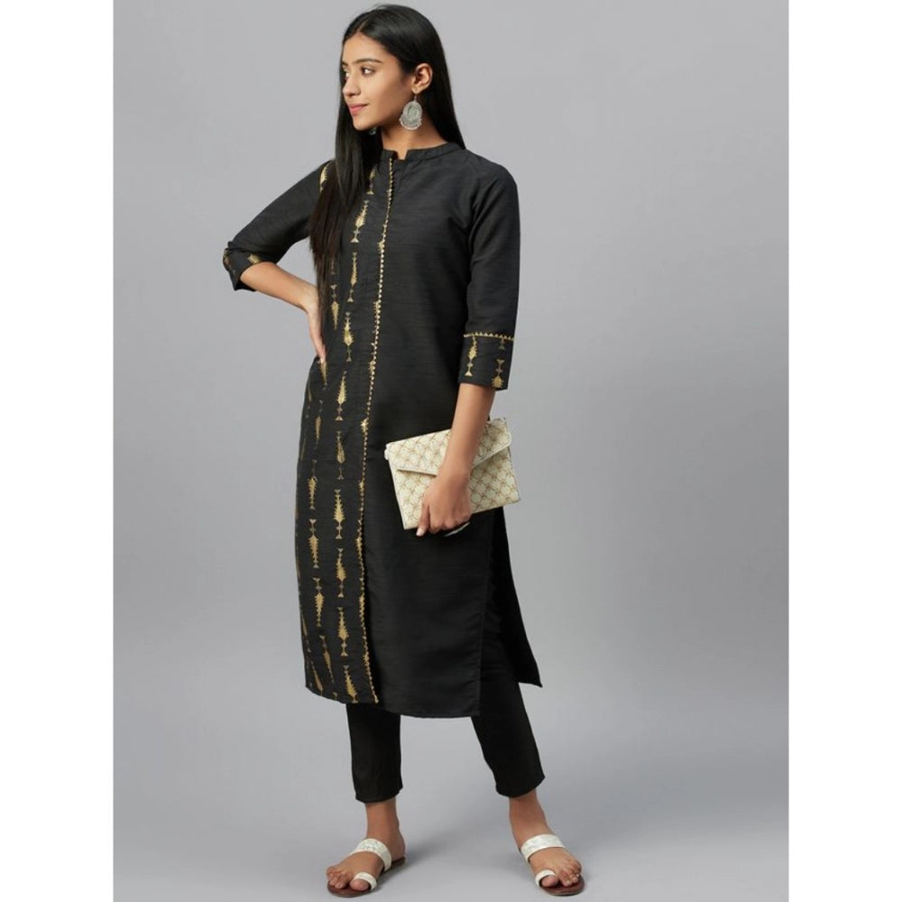 Casual 3-4Th Sleeve Ethnic Motifs Poly Silk Kurti and Pant Set (Black)