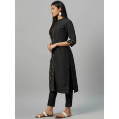 Casual 3-4Th Sleeve Ethnic Motifs Poly Silk Kurti and Pant Set (Black)