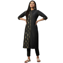 Casual 3-4Th Sleeve Ethnic Motifs Poly Silk Kurti and Pant Set (Black)