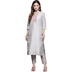 Casual 3-4Th Sleeve Solid Poly Silk Kurti and Pant Set (Light Grey)