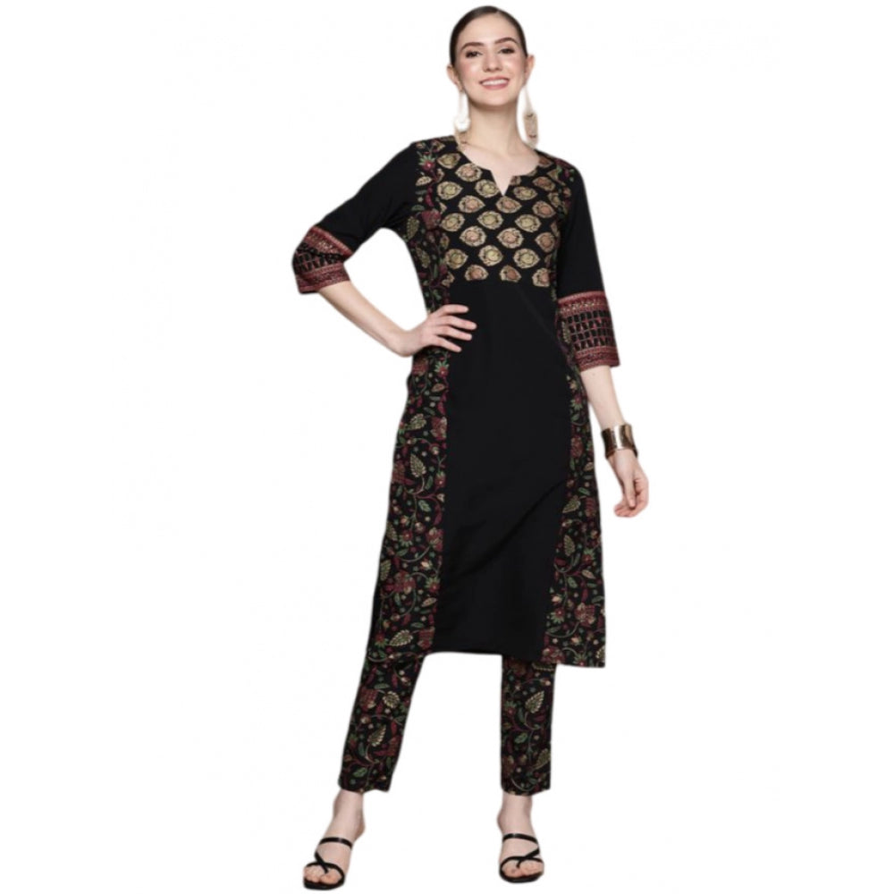 Casual 3-4Th Sleeve Ethnic Motifs Crepe Kurti And Pant Set (Black)