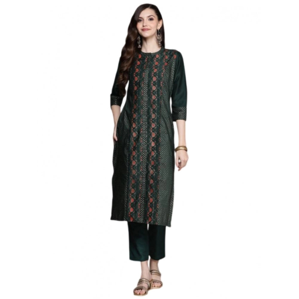 Casual 3-4Th Sleeve Traditional Crepe Kurti And Pant Set (Green)