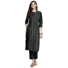 Casual 3-4Th Sleeve Traditional Crepe Kurti And Pant Set (Green)