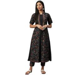 Casual 3-4Th Sleeve Floral Printed Crepe Kurti and Pant Set (Black)