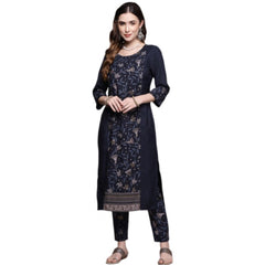 Casual 3-4Th Sleeve Floral Printed Crepe Kurti and Pant Set (Navy Blue)