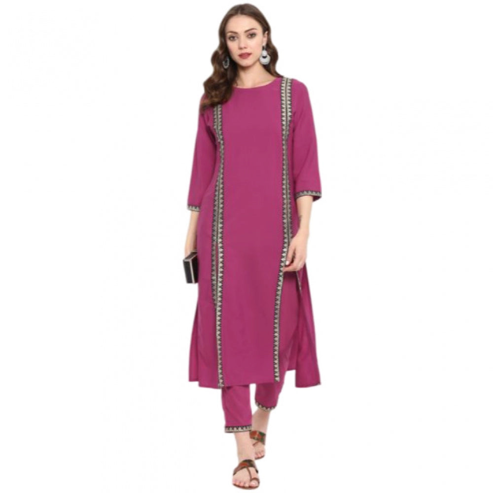 Casual 3-4Th Sleeve Solid Crepe Kurti And Pant Set (Pink)