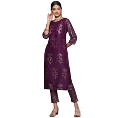 Casual 3-4Th Sleeve Floral Printed Chinon Kurti and Pant Set (Purple)