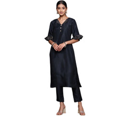 Casual Half Sleeve Solid Chinon Kurti and Pant Set (Navy Blue)