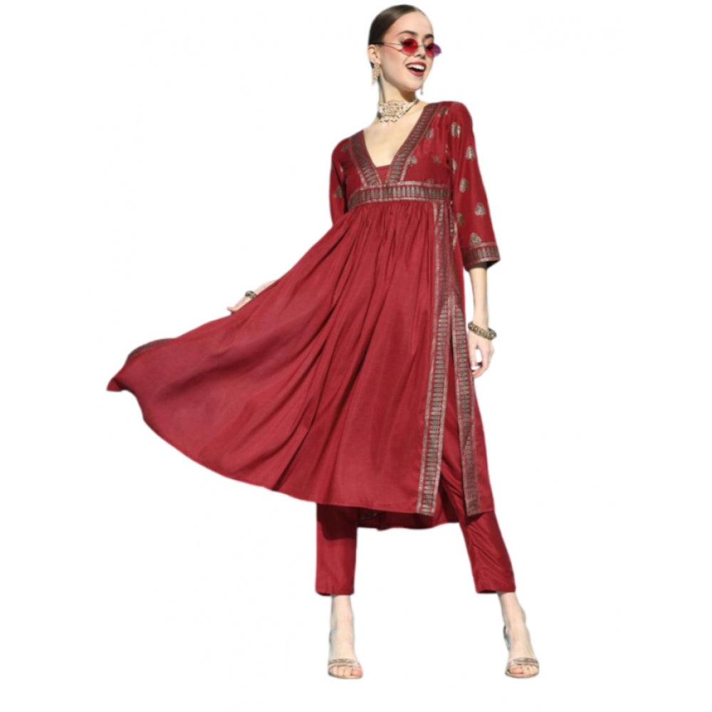 Casual 3-4Th Sleeve Floral Printed Chinon Kurti And Pant Set (Maroon)