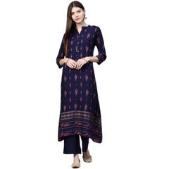 Casual 3-4Th Sleeve Ikkat Rayon Kurti and Palazzo Set (Navy Blue)