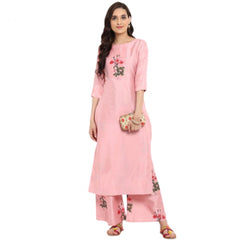 Casual 3-4Th Sleeve Floral Printed Poly Silk Kurti and Palazzo Set (Pink)