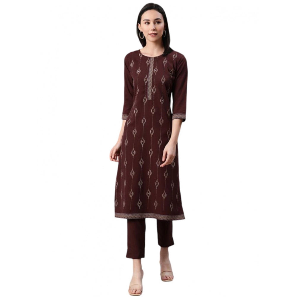 Casual 3-4Th Sleeve Ethnic Motifs Rayon Kurti And Pant Set (Brown)