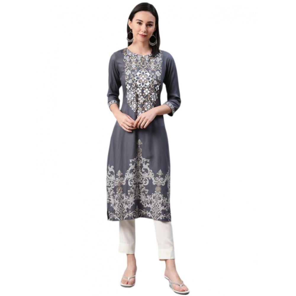 Casual 3-4Th Sleeve Floral Printed Rayon Kurti And Pant Set (Grey)