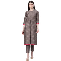 Casual 3-4Th Sleeve Ethnic Motifs Poly Silk Kurti And Pant Set (Grey)