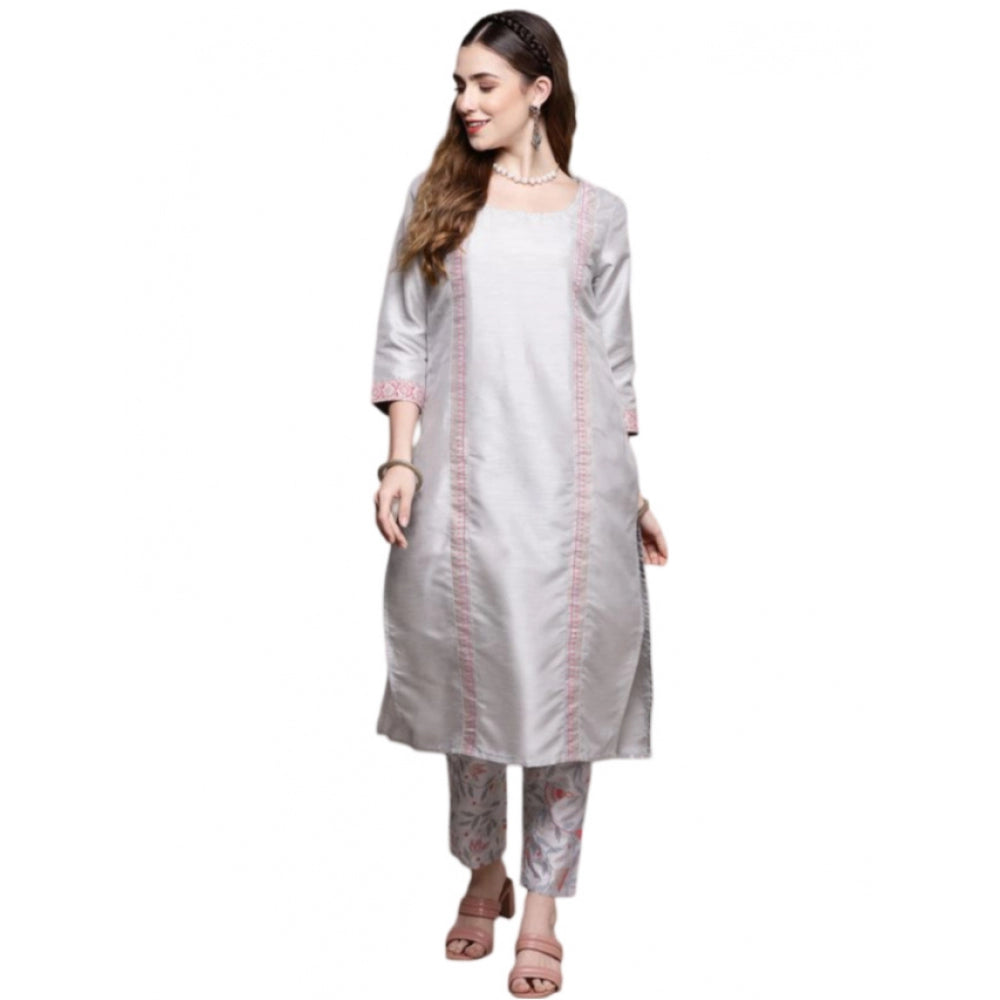 Casual 3-4Th Sleeve Geometric Poly Silk Kurti and Pant Set (Light Grey)