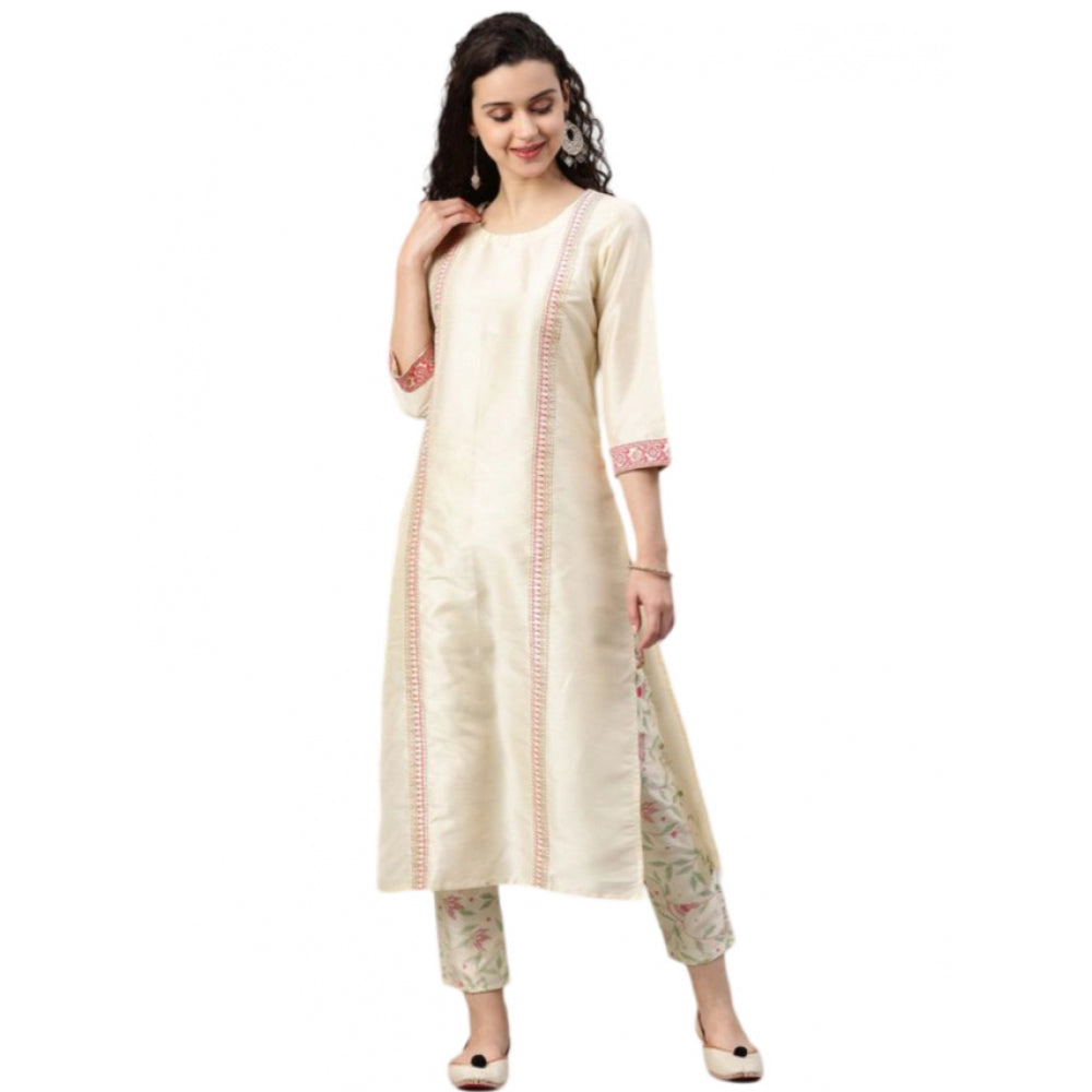 Casual 3-4Th Sleeve Geometric Poly Silk Kurti and Pant Set (Cream)