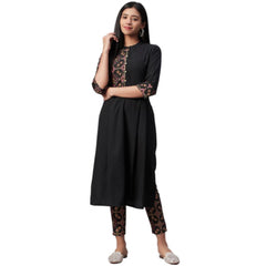 Casual 3-4Th Sleeve Geometric Crepe Kurti And Pant Set (Black)