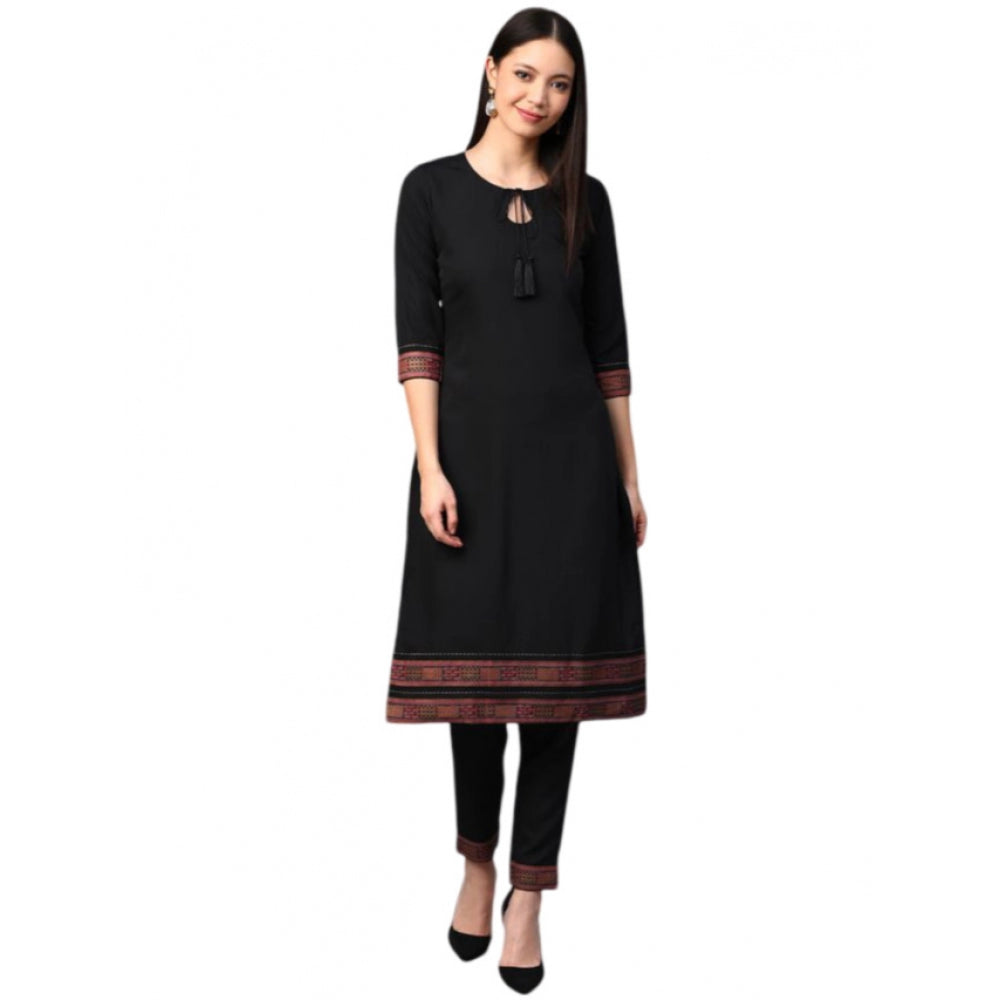 Casual 3-4Th Sleeve Solid Crepe Kurti and Pant Set (Black)