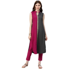 Casual sleeveless Solid Crepe Kurti And Pant Set (Pink)