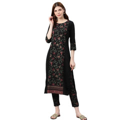 Casual 3-4Th Sleeve Floral Printed Crepe Kurti and Pant Set (Black)