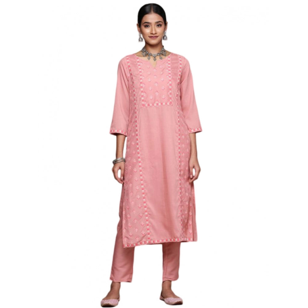 Casual 3-4Th Sleeve Floral Printed Chinon Kurti and Pant Set (Peach)