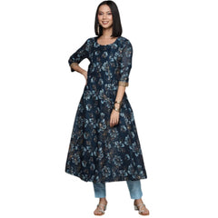 Casual 3-4Th Sleeve Floral Printed Chanderi Cotton Kurti And Pant Set (Navy Blue)