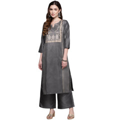 Casual 3-4Th Sleeve Ethnic Motifs Poly Silk Kurti And Palazzo Set (Dark Grey)