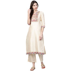 Casual 3-4Th Sleeve Ethnic Motifs Poly Silk Kurti and Palazzo Set (Cream)